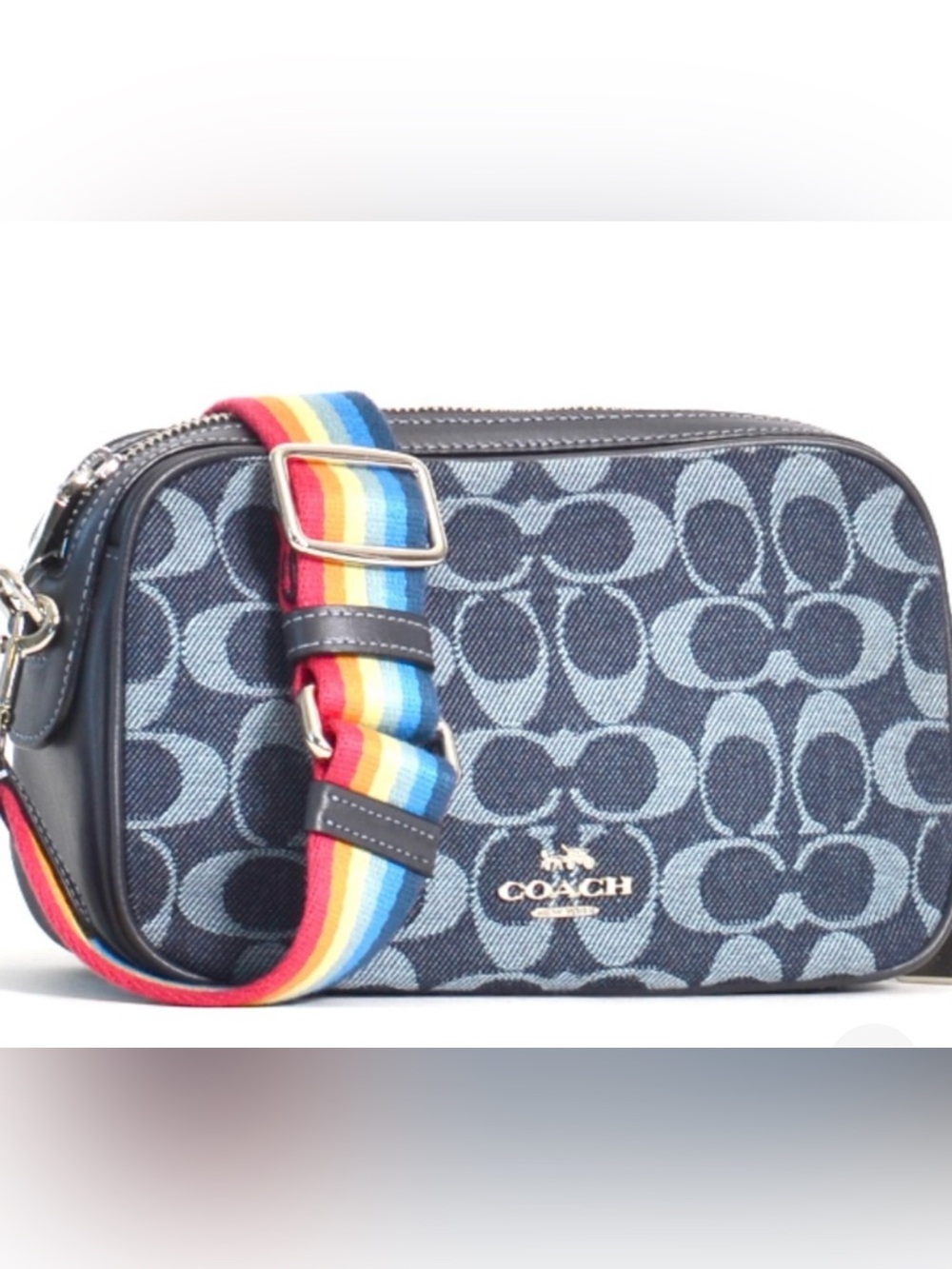 S COACH Denim Signature Crossbody Bag in Navy with Rainbow Strap - NWOT